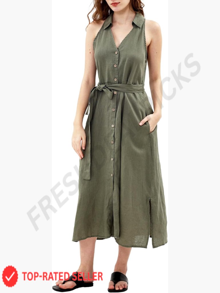 Womens 100% Linen Sleeveless Button Down Collar Midi Dress With Belt
